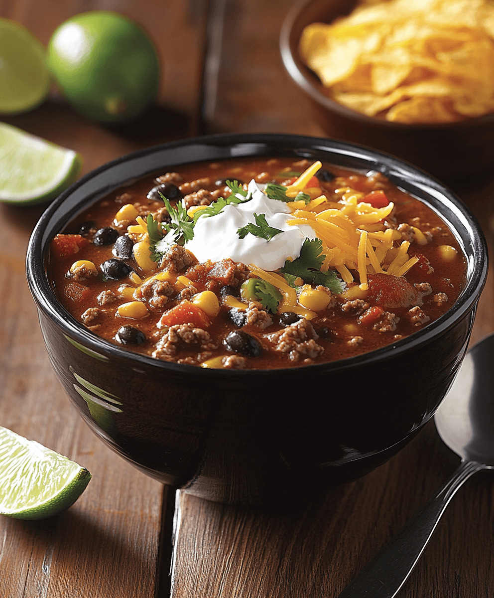 Black bowl filled with taco soup topped with shredded cheese, sour cream, cilantro, and jalapeño slices, with lime wedges and tortilla chips in the background.