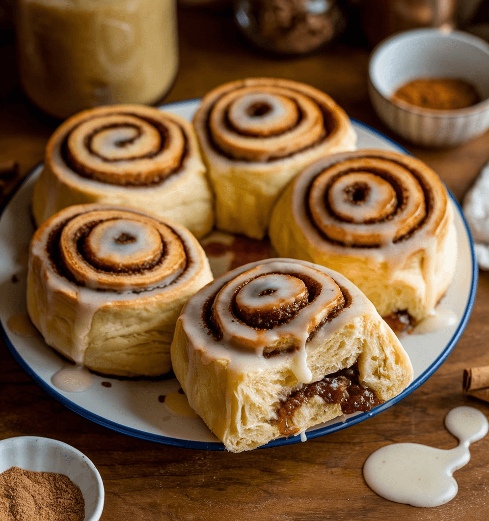 Soft and fluffy cinnamon rolls with icing, one roll partially pulled apart showing the gooey cinnamon filling, on a rustic wooden table with scattered cinnamon powder and icing.