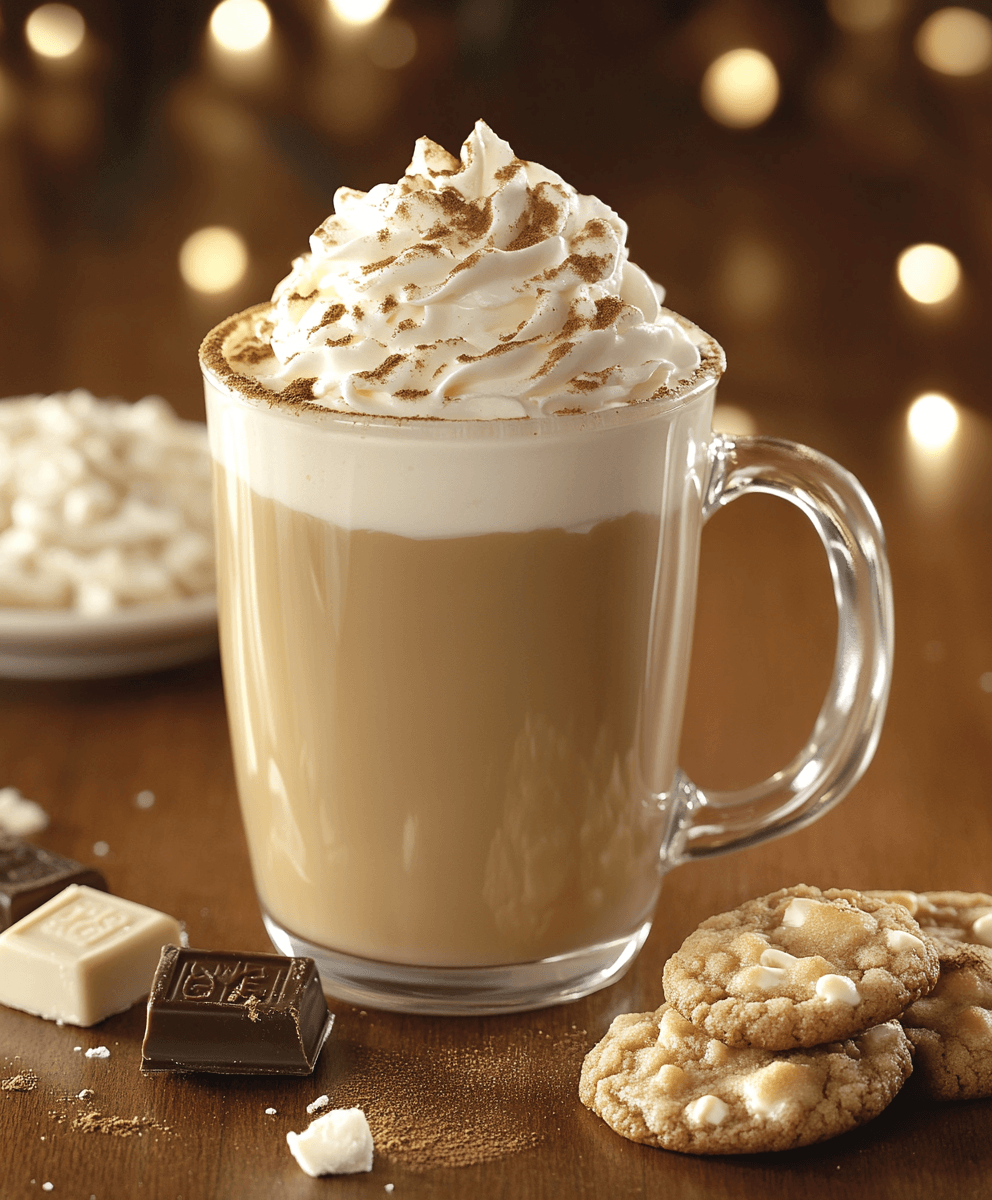 A glass mug of creamy latte topped with whipped cream and a sprinkle of cinnamon, surrounded by cookies, white and dark chocolate pieces, and a blurred festive background with warm lights.