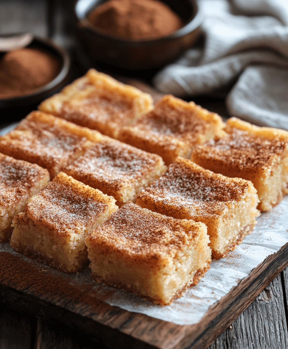 Squares of cinnamon sugar snickerdoodle bars arranged on a wooden board lined with parchment paper, with bowls of cinnamon and a rustic cloth in the background.