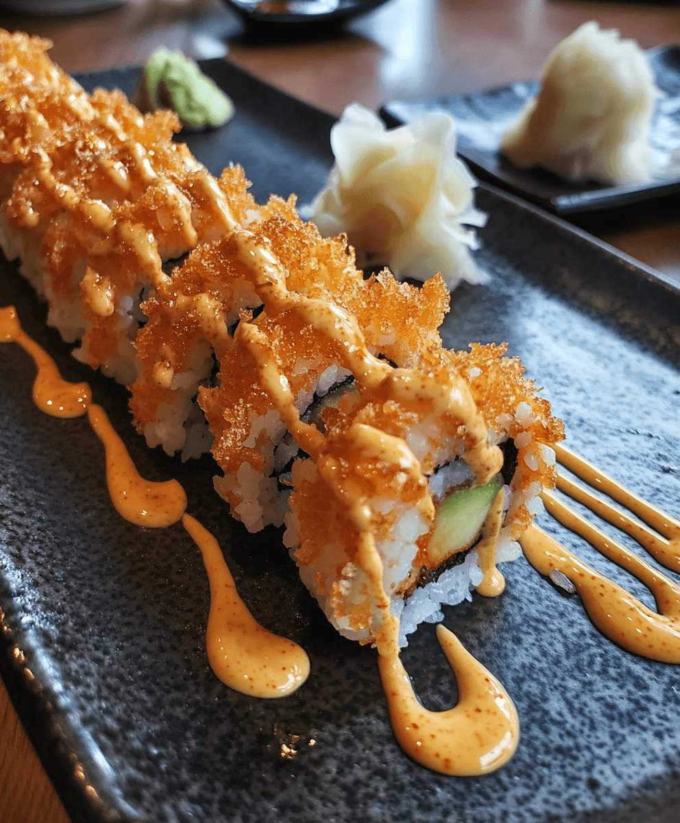 Crispy sushi shrimp tempura roll drizzled with spicy mayo sauce, garnished with golden tempura flakes, served on a black plate with wasabi and pickled ginger in the background.