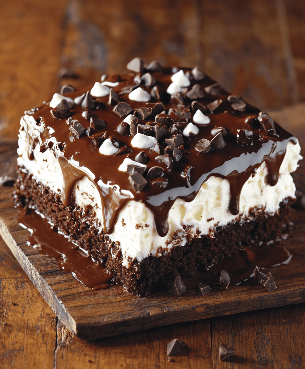 Chocolate poke cake slice topped with whipped cream, chocolate drizzle, and a mix of dark and white chocolate chips on a wooden board.