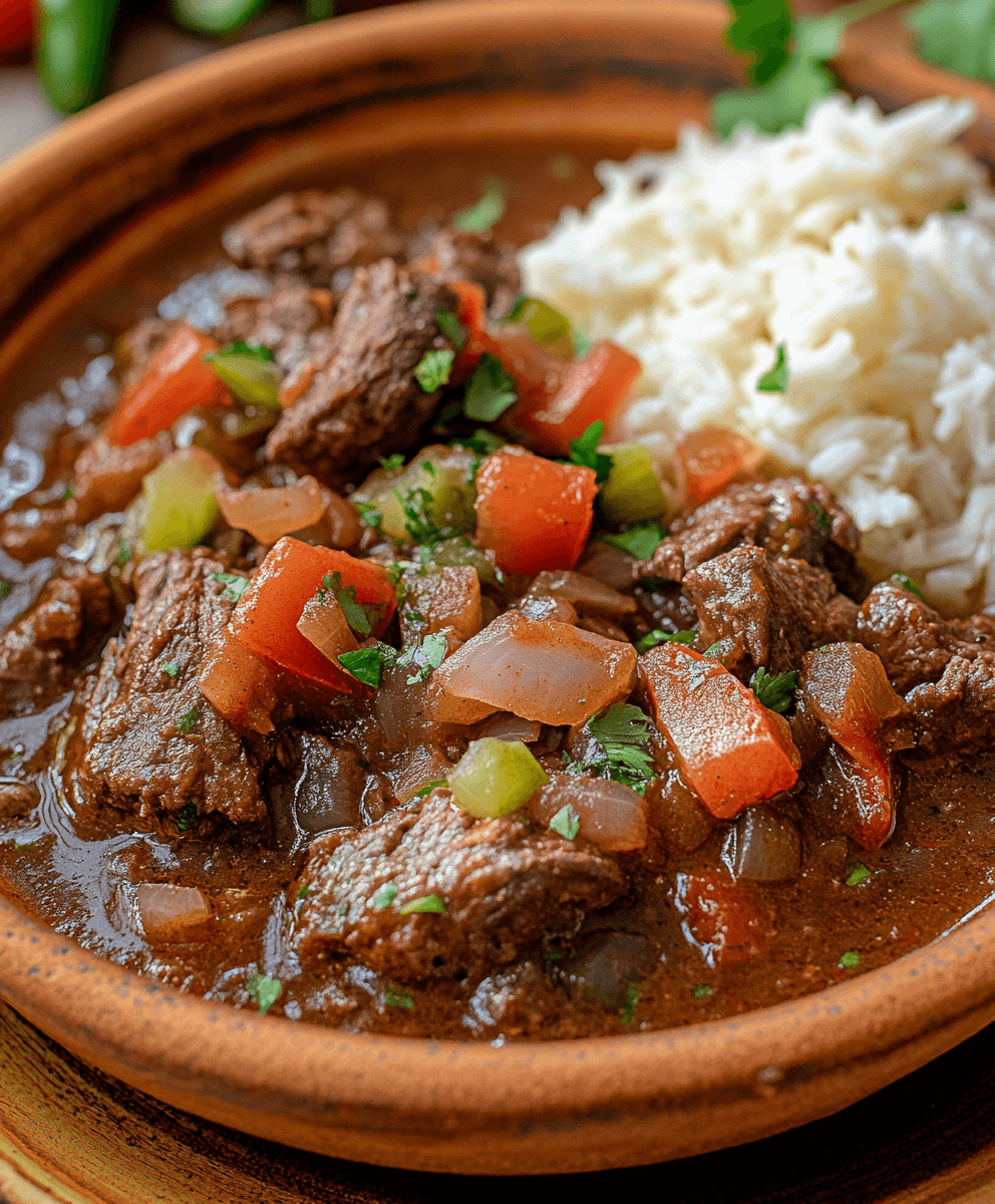 Carne guisada served in a clay bowl with chunks of beef, stewed vegetables, and a side of white rice, garnished with fresh cilantro.