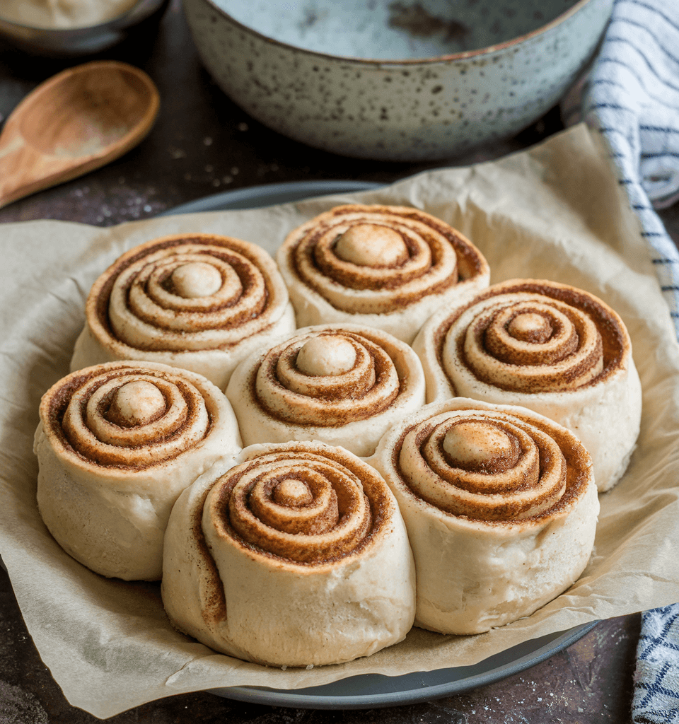 Unbaked cinnamon rolls arranged on parchment paper, ready for baking, with a rustic bowl and wooden spoon in the background.