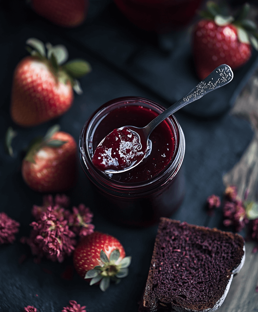 jar of strawberry jam with a tablespoon