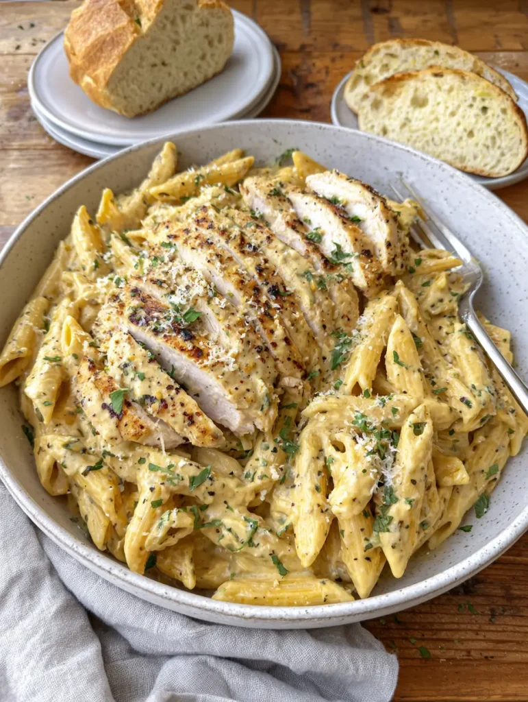 Garlic parmesan chicken pasta with penne noodles, topped with sliced grilled chicken breast and garnished with fresh parsley and grated parmesan, served with slices of rustic bread on the side.