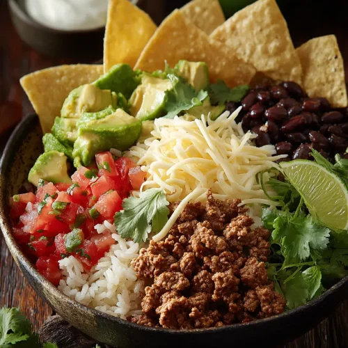 Taco bowl with seasoned ground beef, white rice, shredded cheese, black beans, pico de gallo, avocado chunks, cilantro, lime wedge, and tortilla chips in a dark rustic bowl.