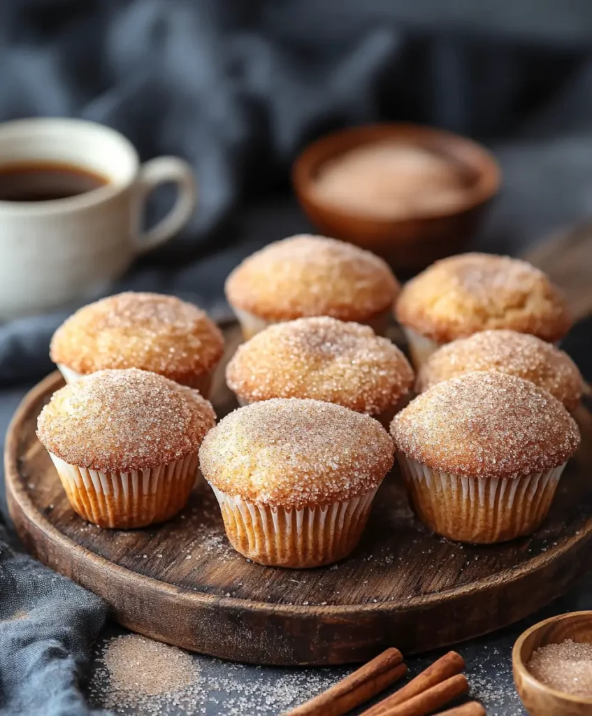 Vegetarian cinnamon sugar donut muffins arranged on a wooden plate, sprinkled generously with cinnamon sugar, with a cup of coffee and cinnamon sticks in the background.