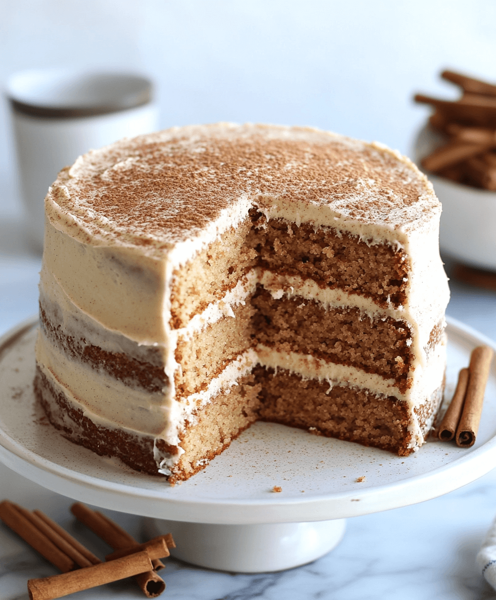 A beautifully sliced Brown Sugar Chai Cake on a white cake stand, showcasing three layers of moist chai-spiced cake and creamy frosting, topped with a light dusting of cinnamon.