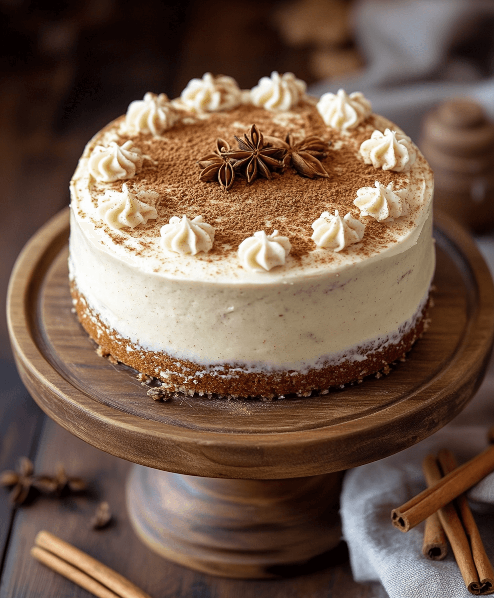 A whole Brown Sugar Chai Cake on a rustic wooden cake stand, topped with piped cream swirls, a dusting of cinnamon, and decorative star anise accents.