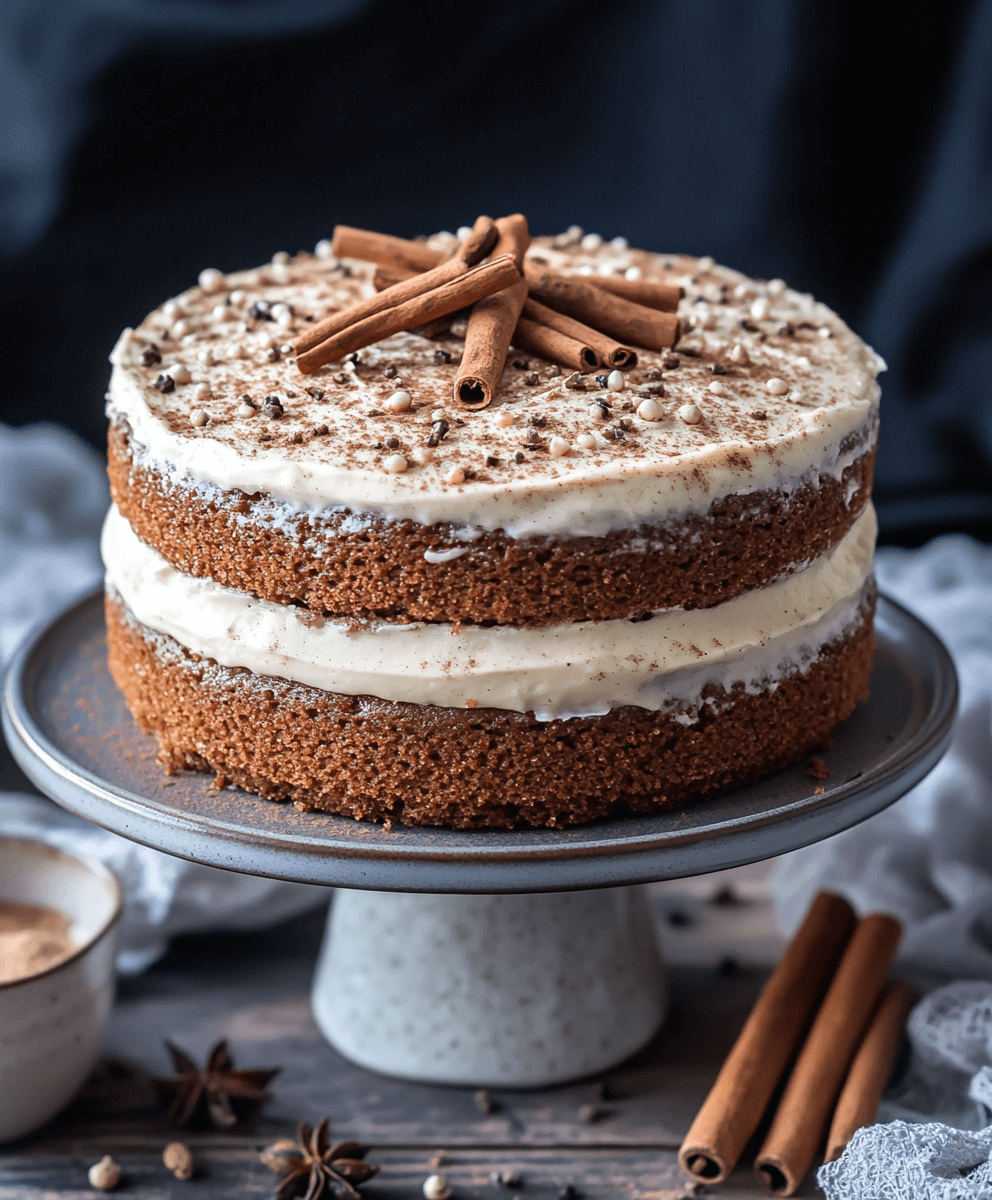 A rustic Brown Sugar Chai Cake with two layers of chai-spiced cake, creamy frosting in between and on top, garnished with cinnamon sticks and a sprinkle of chai spices on a ceramic cake stand.