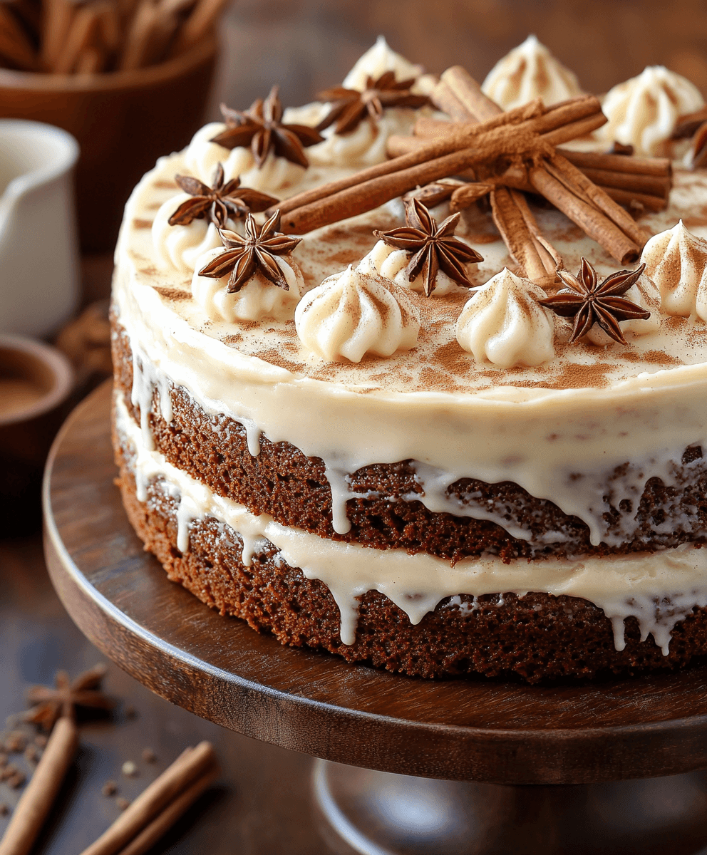 Close-up of a Brown Sugar Chai Cake with two layers, creamy frosting dripping along the edges, and decorative star anise and cinnamon sticks as garnish on a wooden cake stand.