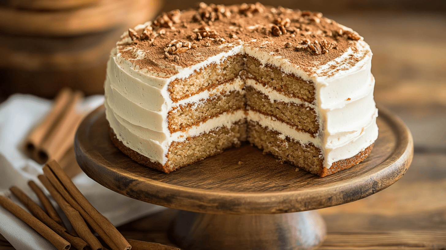 A sliced Brown Sugar Chai Cake on a rustic wooden cake stand, featuring layers of moist chai-spiced cake and creamy frosting, topped with a light dusting of cocoa powder and small pecan pieces.