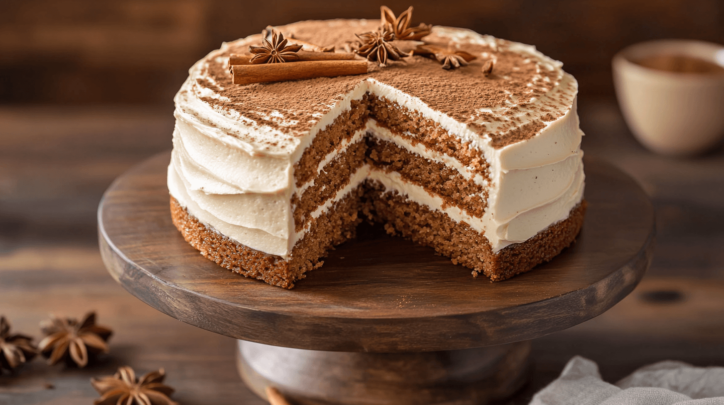 A beautifully layered Brown Sugar Chai Cake on a wooden cake stand, frosted with creamy chai-spiced frosting and topped with cinnamon sticks and star anise, dusted lightly with cocoa powder.