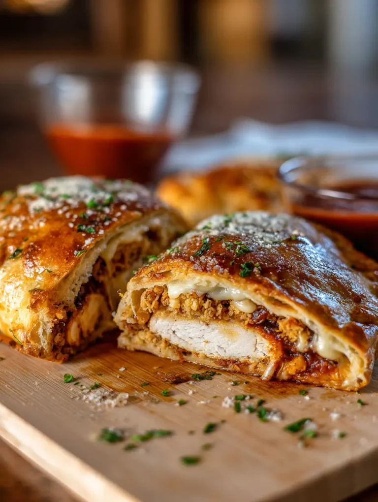 Golden brown chicken Parmesan calzone sliced open to reveal crispy chicken, marinara sauce, and melted cheese, served with marinara dipping sauce on the side.