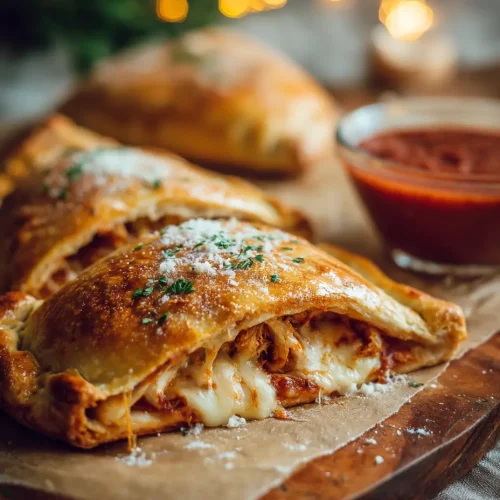 Golden Chicken Parmesan calzone filled with melted cheese and marinara sauce, sliced open and served with extra marinara sauce on the side.