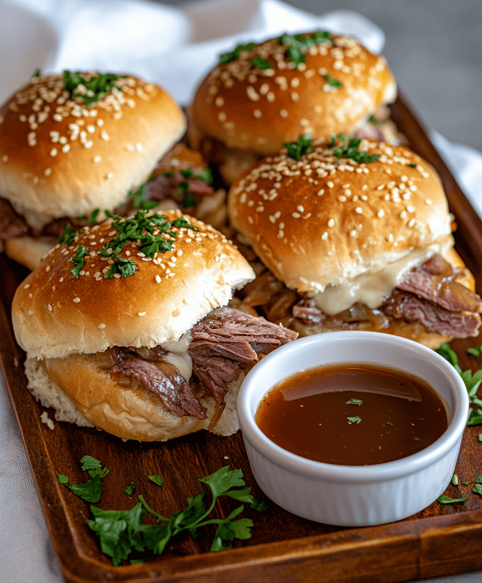 French Dip Sliders with roast beef, melted cheese, and caramelized onions on sesame seed buns, served with a side of rich au jus dipping sauce on a wooden tray.