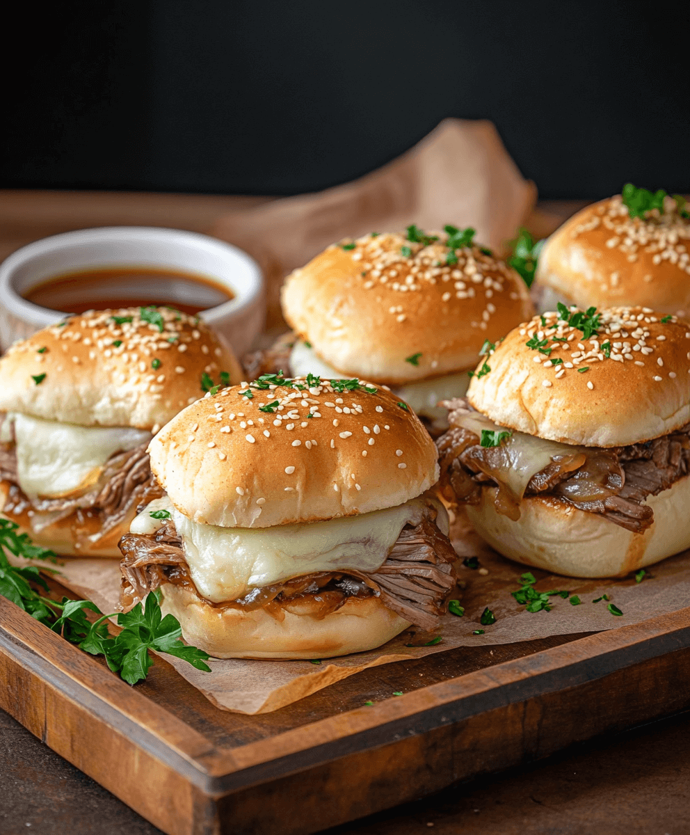 French Dip Sliders made with shredded beef, melted cheese, and sesame seed buns, garnished with fresh parsley, served with au jus on a wooden tray.