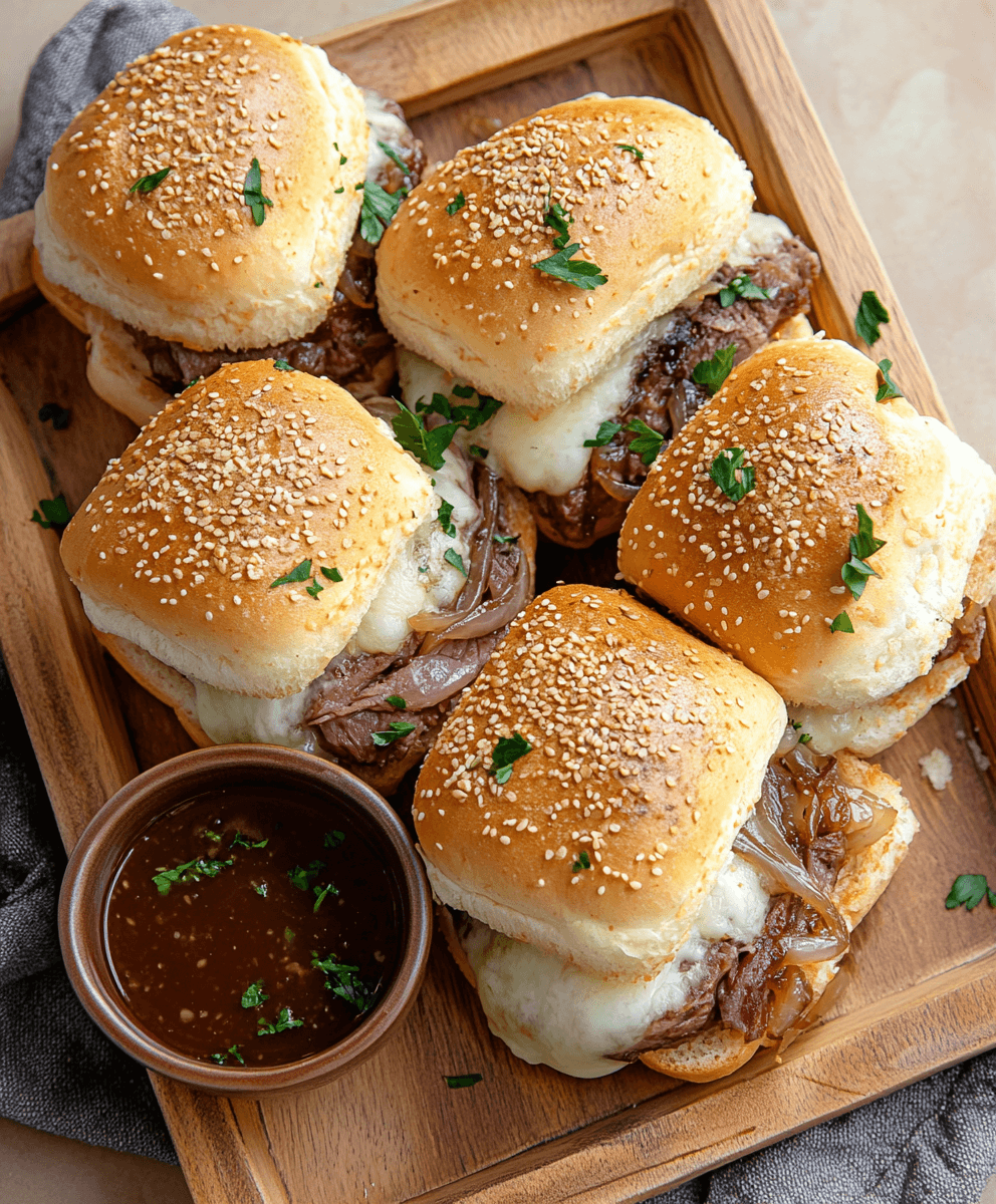 French Dip Sliders served on a wooden tray, featuring sesame seed buns, melted cheese, caramelized onions, and tender beef, with a bowl of au jus on the side.