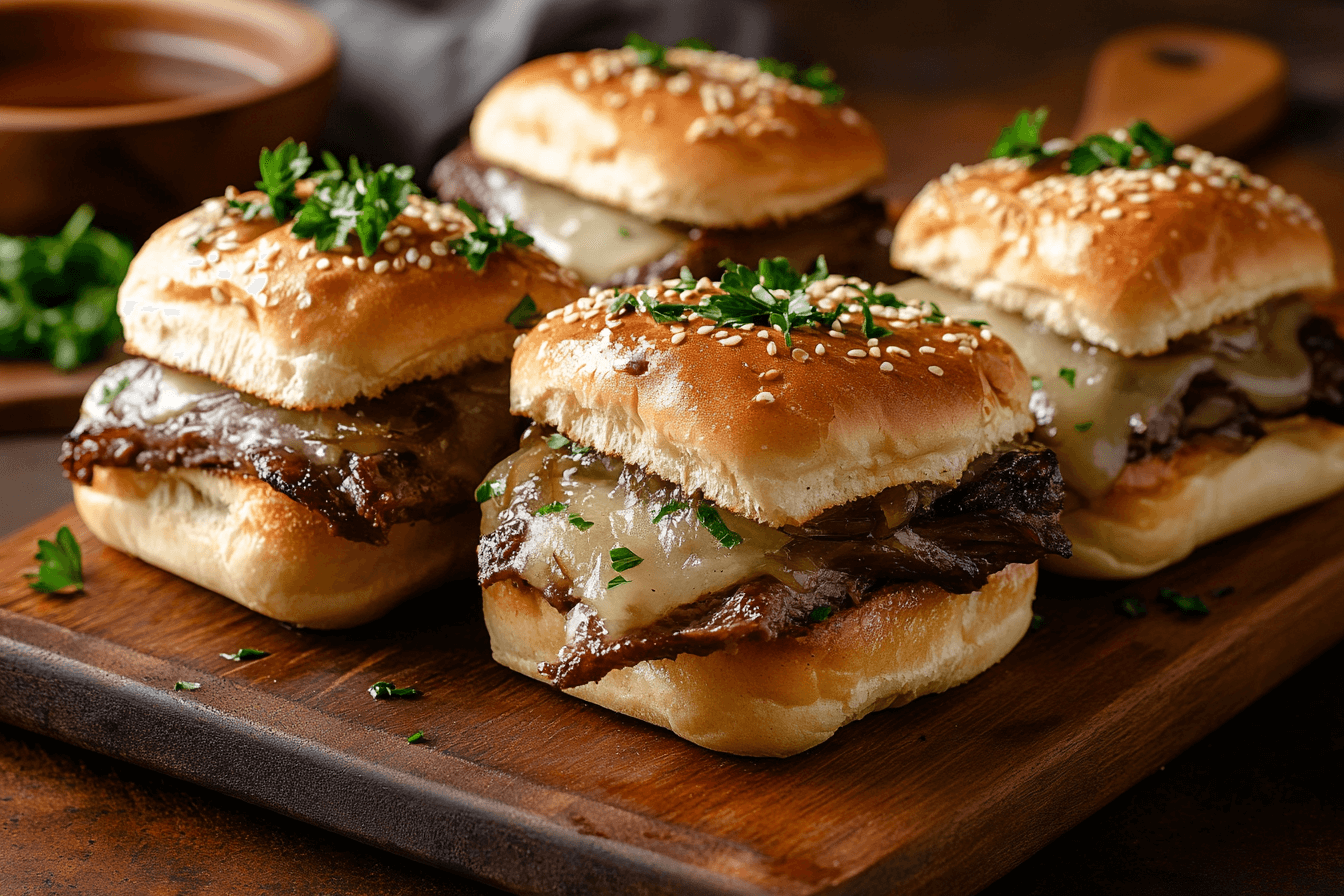 French Dip Sliders with tender roast beef, melted cheese, and caramelized onions on soft sesame seed buns, garnished with fresh parsley, served on a wooden board.