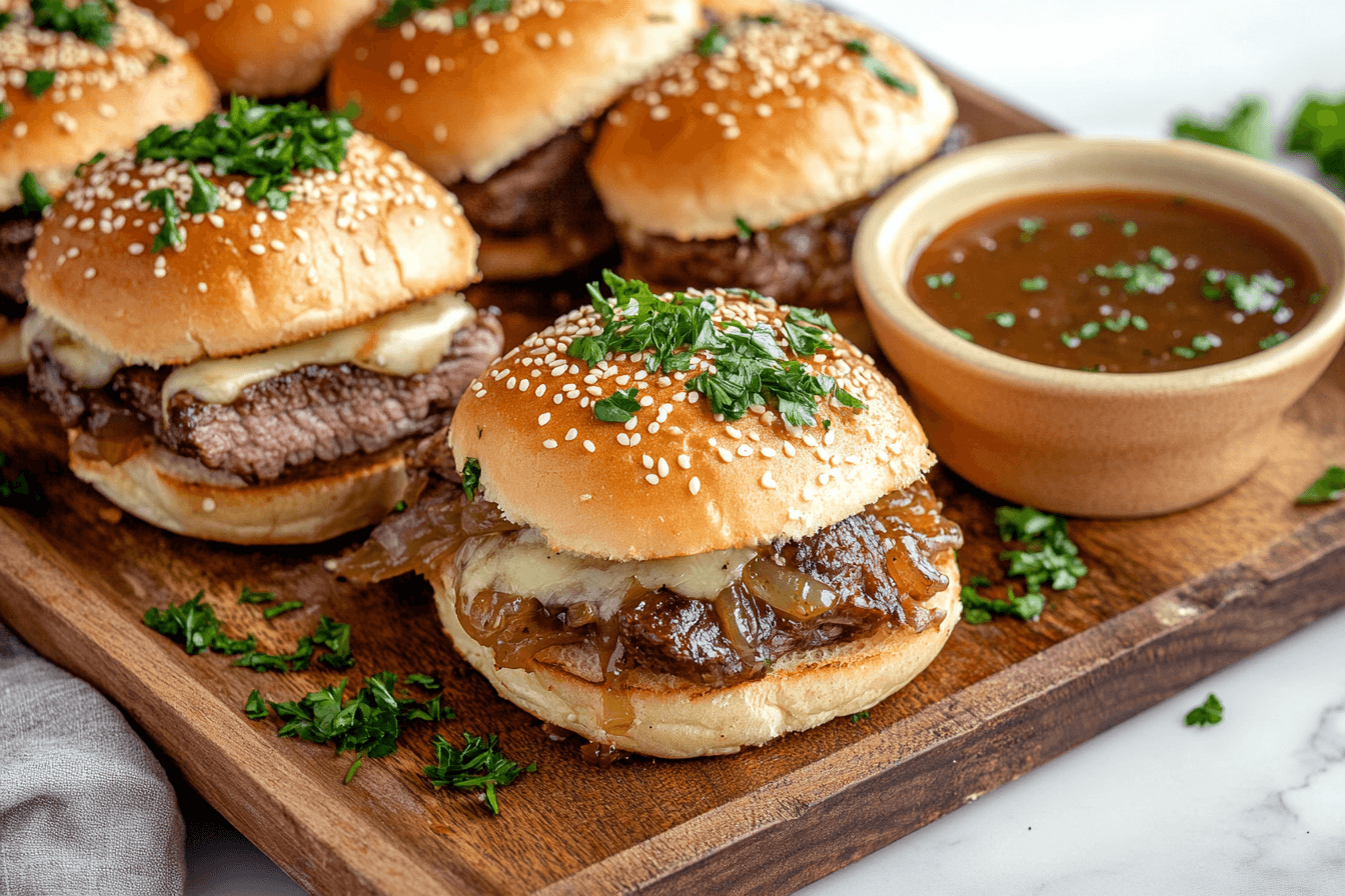 French Dip Sliders featuring tender beef, caramelized onions, and melted cheese on sesame seed buns, garnished with fresh parsley and served with a bowl of au jus for dipping.