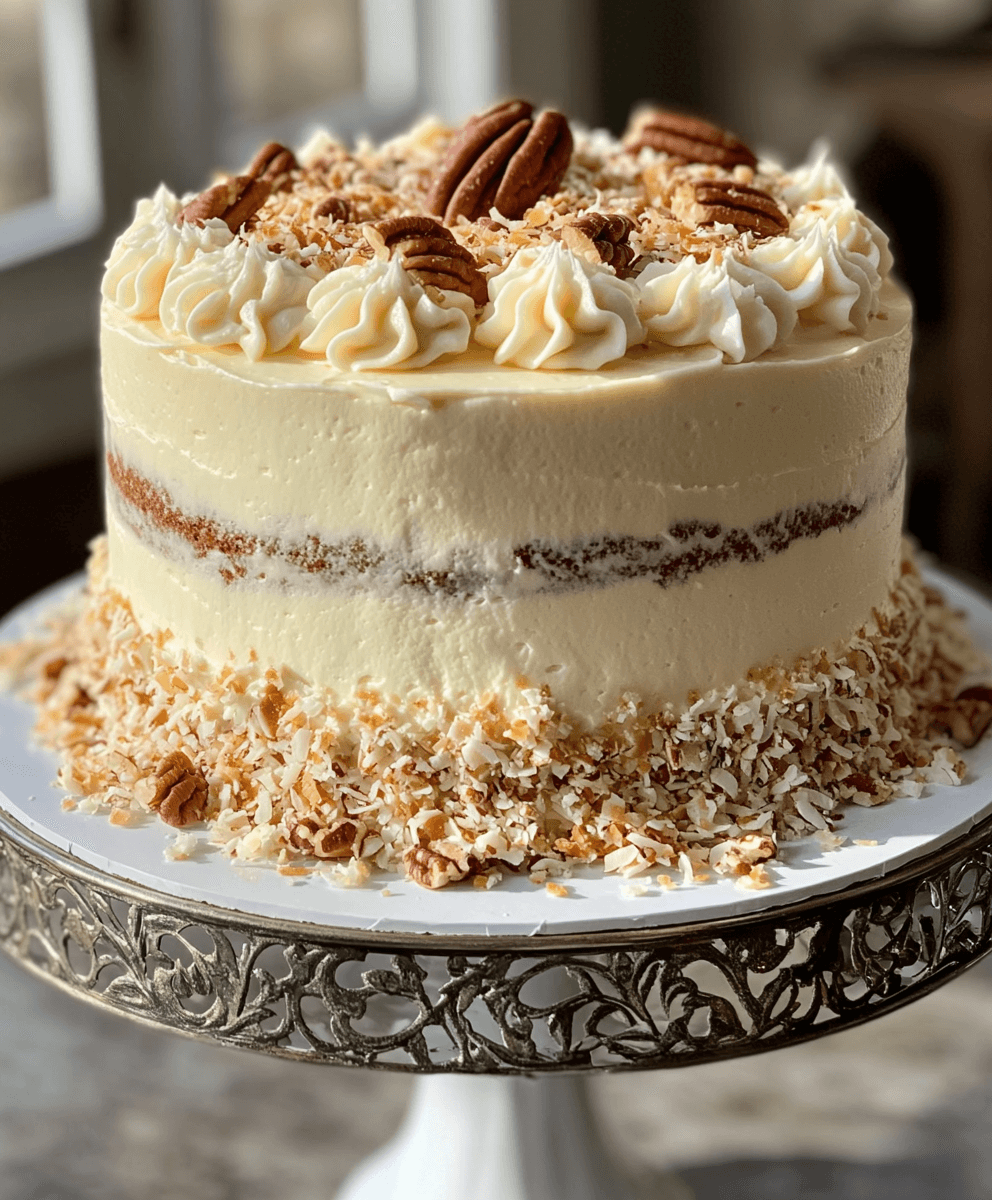 A rustic Italian cream cake with a semi-naked frosting style, topped with whipped cream swirls, whole pecans, and toasted coconut flakes. The base is decorated with additional coconut shavings and pecans, sitting elegantly on a detailed metal cake stand.