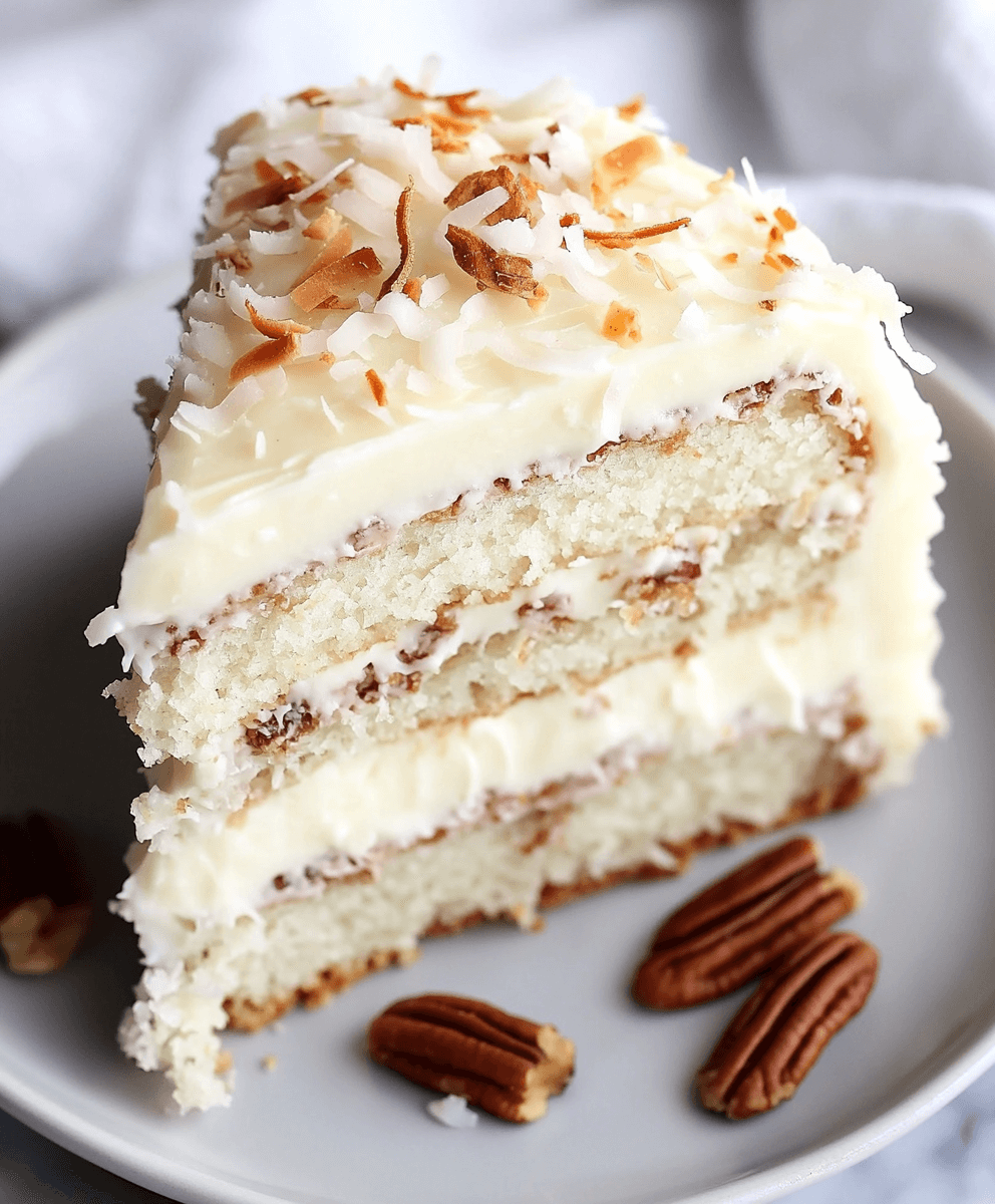 A slice of Italian cream cake on a white plate, showcasing three moist layers of vanilla cake filled and topped with cream cheese frosting. The top is sprinkled with toasted coconut flakes, with pecans resting on the plate beside the slice.