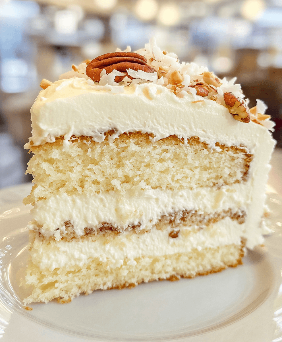 A close-up of a slice of Italian cream cake on a white plate, featuring three fluffy layers of vanilla cake filled with cream cheese frosting. The top is garnished with toasted coconut flakes and a pecan, creating a rich and inviting presentation.