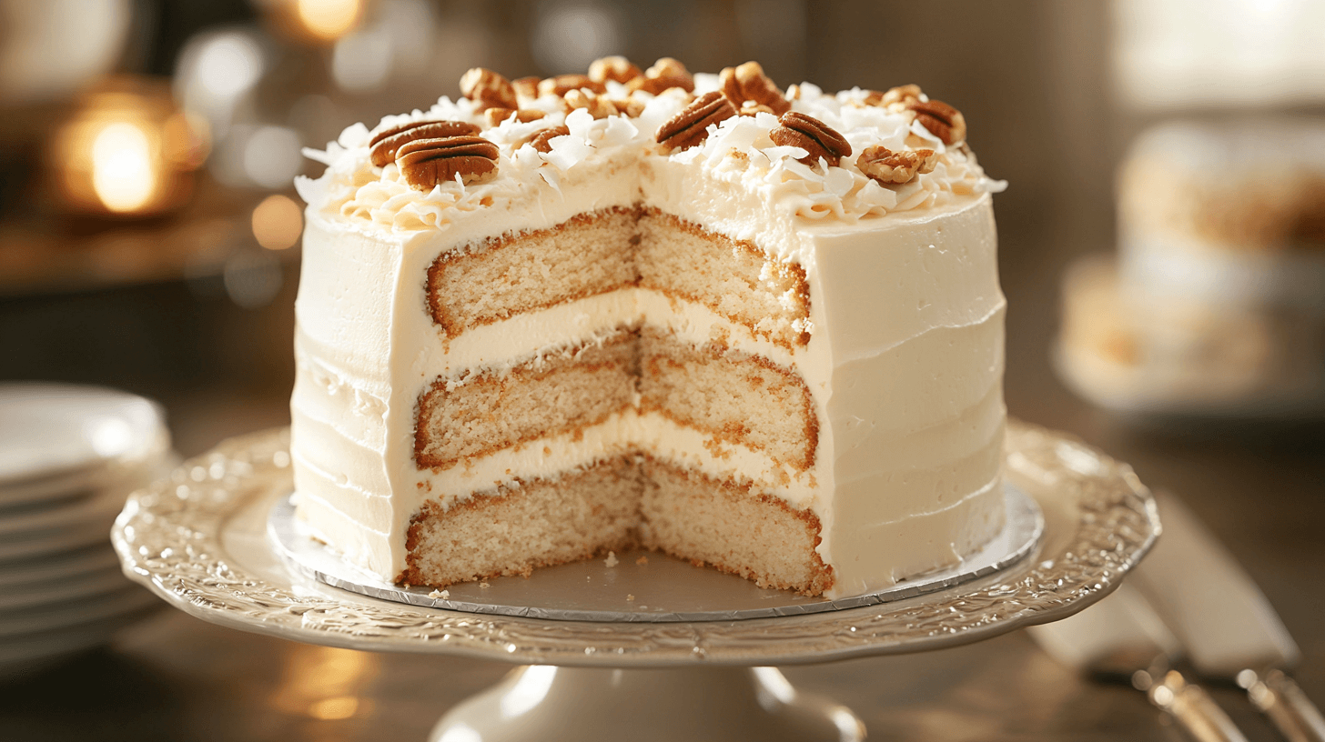 A beautifully frosted Italian cream cake with three layers of moist sponge and creamy white frosting, garnished with pecan halves and coconut shavings on top. Served on an elegant silver cake stand.