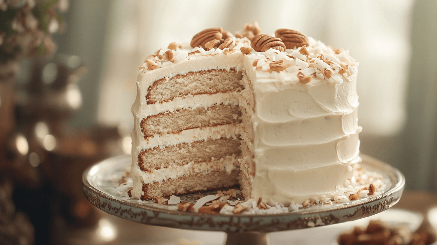 A classic Italian cream cake with four moist layers of cream-colored sponge and rich white frosting, topped with chopped pecans and coconut shavings. Displayed on a vintage-style pedestal cake stand.