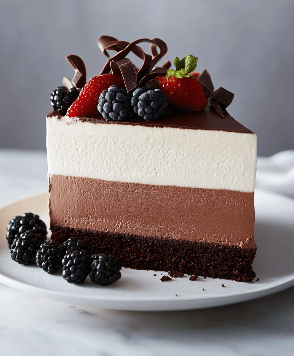 A slice of Triple Chocolate Mousse Cake with distinct layers of white, milk, and dark chocolate mousse topped with fresh strawberries, blackberries, and chocolate curls.