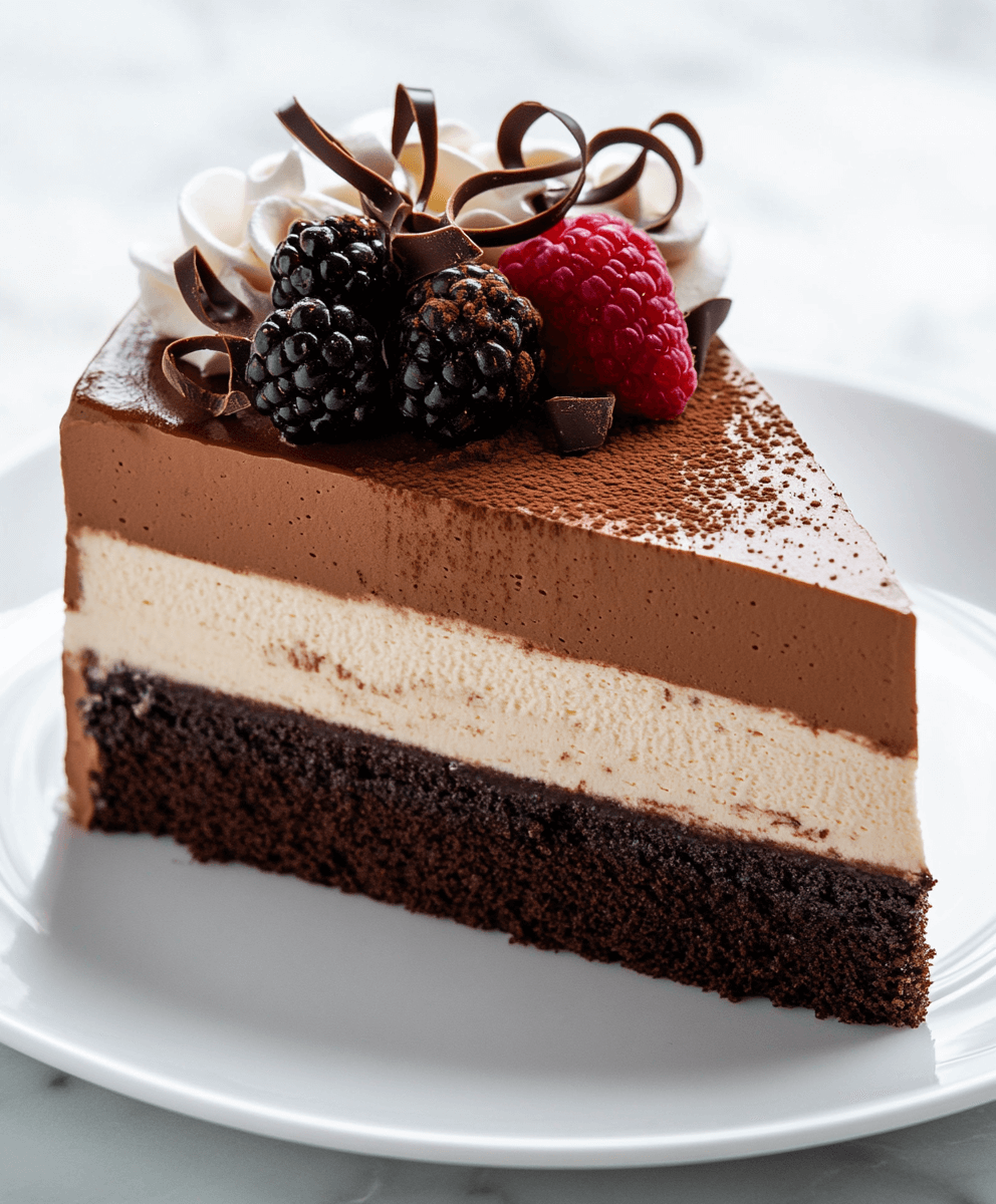 A luxurious slice of Triple Chocolate Mousse Cake featuring layers of dark chocolate mousse, creamy white mousse, and a rich chocolate cake base, topped with blackberries, raspberries, whipped cream, and chocolate curls.