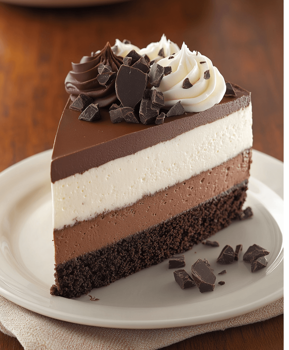 A decadent slice of Triple Chocolate Mousse Cake on a white plate, showcasing layers of dark chocolate mousse, white mousse, and milk chocolate mousse over a chocolate cake base, topped with whipped cream, chocolate curls, and chunks of dark chocolate.