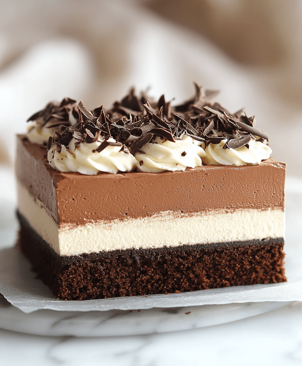 A square piece of Triple Chocolate Mousse Cake on a parchment paper, featuring layers of chocolate mousse, white mousse, and dark chocolate mousse over a moist chocolate cake base, topped with whipped cream swirls and chocolate shavings.