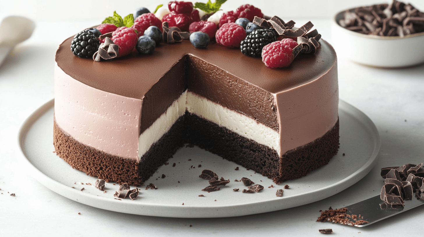 Triple Chocolate Mousse Cake with layers of chocolate, white, and milk mousse topped with fresh berries and chocolate shavings on a white plate.