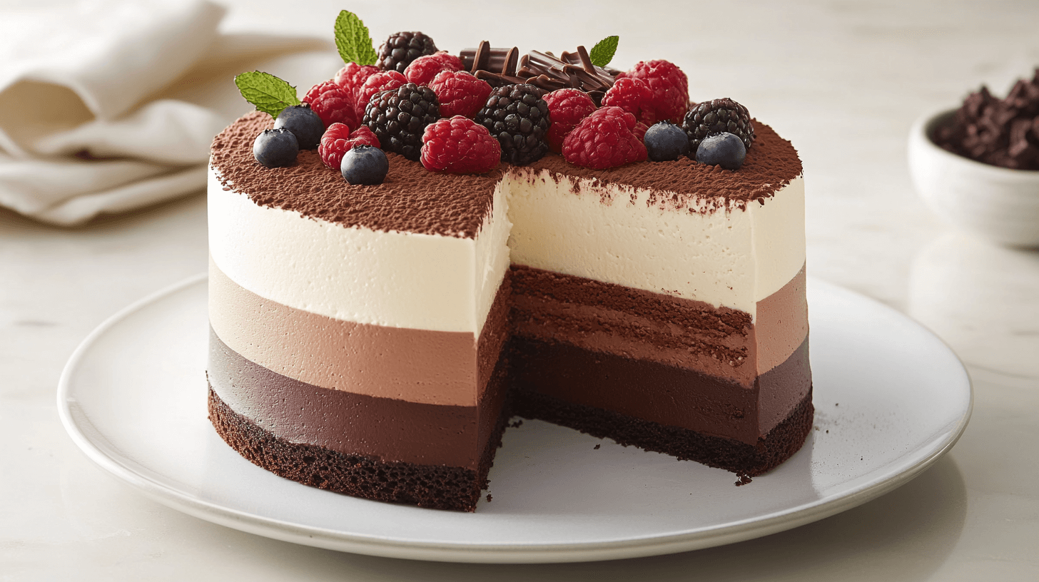 Triple Chocolate Mousse Cake featuring layers of dark, milk, and white chocolate, topped with fresh berries and chocolate curls on a white plate.