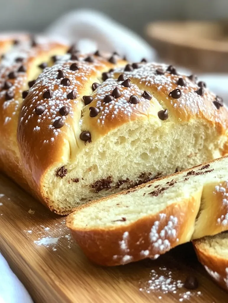 This beautiful braided chocolate chip brioche is a soft, fluffy, and slightly sweet bread filled with melty chocolate chips. The golden brown loaf is dusted with powdered sugar and decorated with extra chocolate chips on top, making it perfect for breakfast, brunch, or a sweet treat.