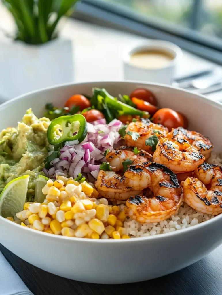 Grilled shrimp bowl with corn, guacamole, red onion, jalapeño, and cherry tomatoes on a bed of rice.