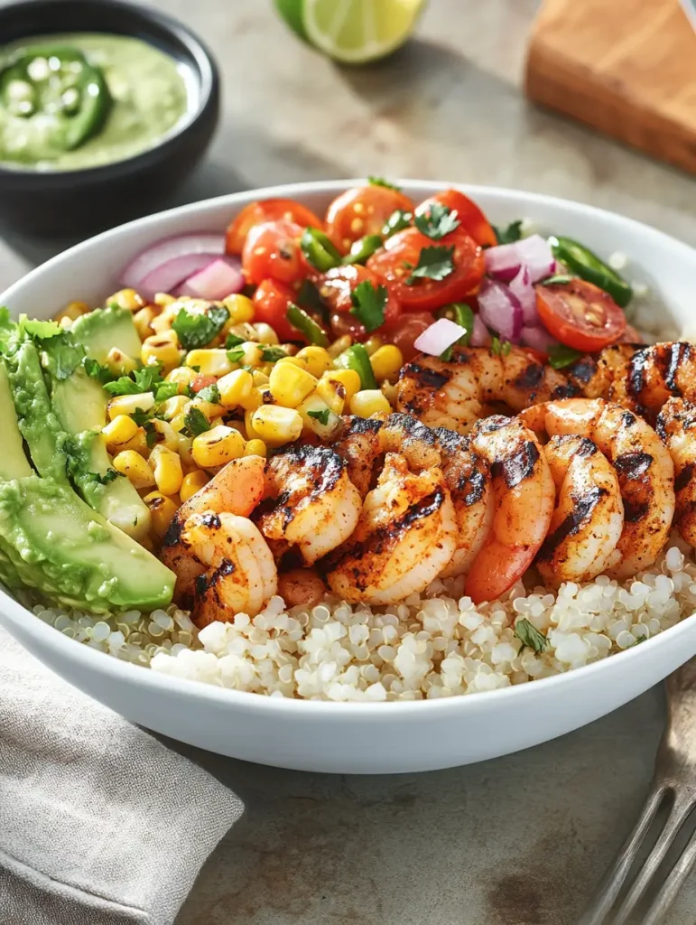 Grilled shrimp bowl with quinoa, avocado slices, corn, red onion, cherry tomatoes, and salsa.