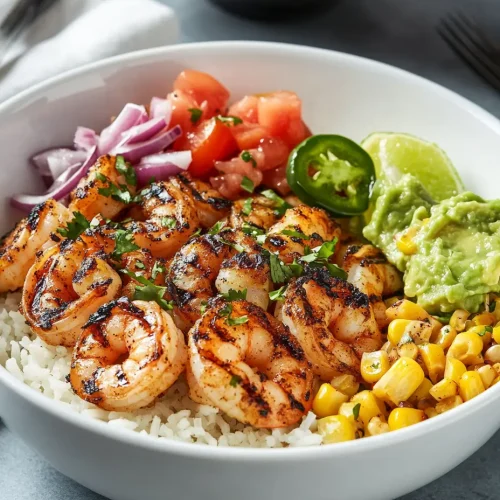 Grilled shrimp bowl with white rice, corn, guacamole, tomatoes, red onion, and jalapeño slices.