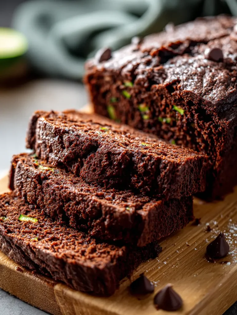 Close-up of sliced chocolate zucchini bread with chocolate chips on a wooden cutting board.