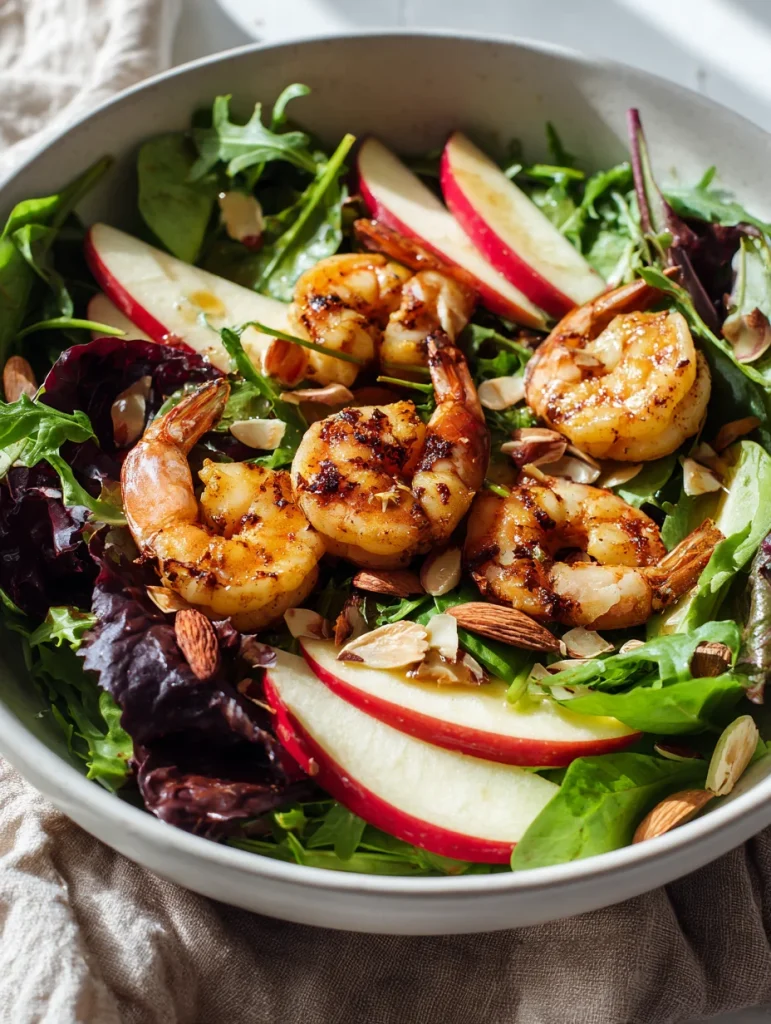 Fresh apple almond shrimp salad with grilled shrimp, apple slices, and mixed greens.