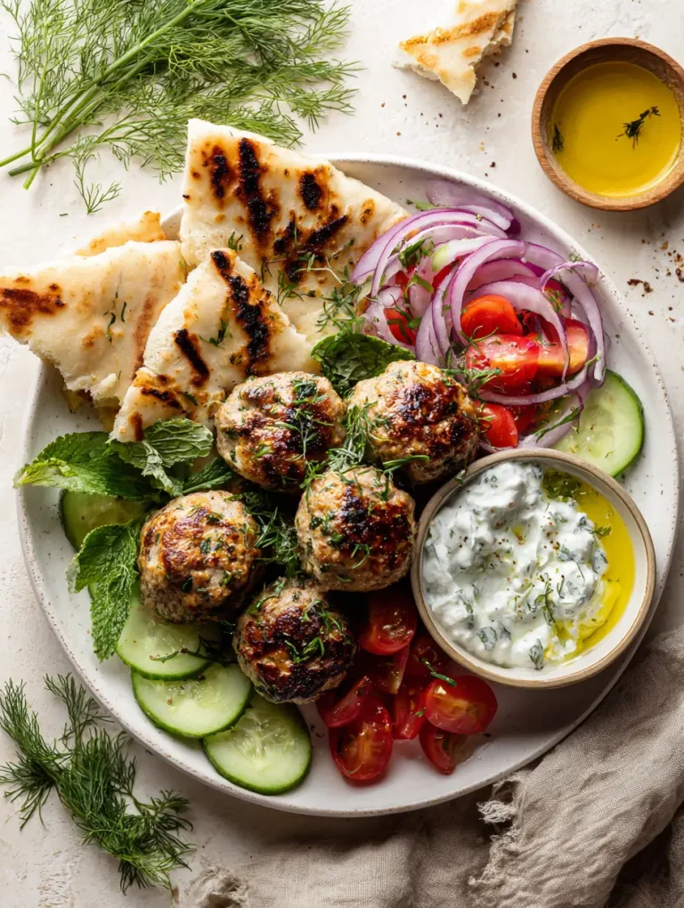 Plate of Greek turkey meatballs with tzatziki sauce, pita bread, cucumbers, tomatoes, and red onions.