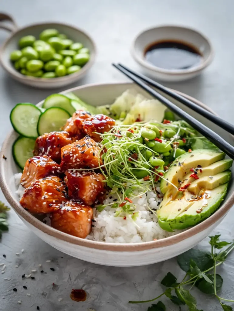 Honey sriracha salmon bowl with rice, avocado, cucumber, edamame, and sprouts.