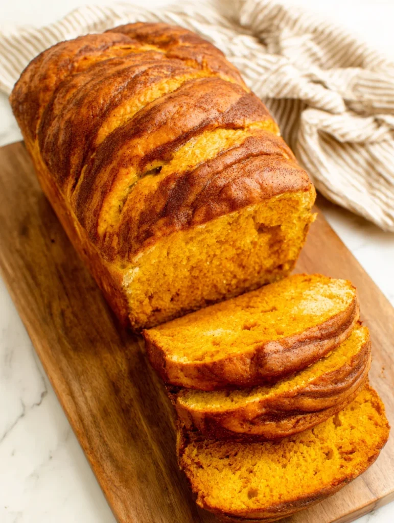 Pumpkin cinnamon sourdough bread loaf with swirled cinnamon crust and sliced pieces on a wooden board.