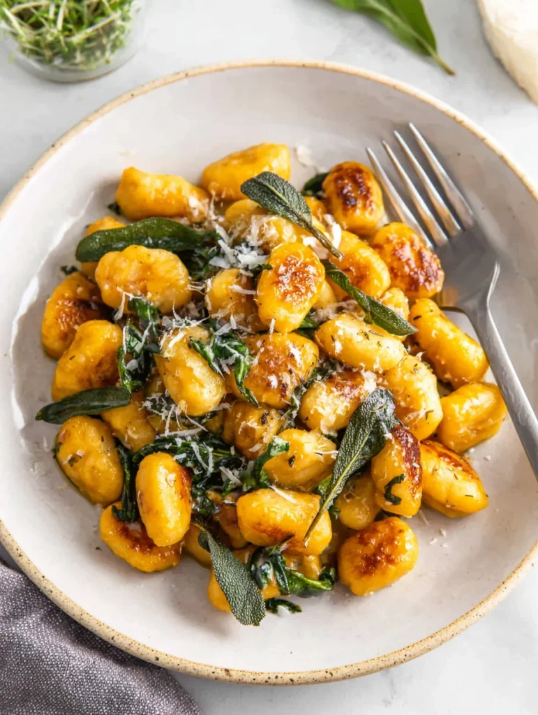 Bowl of golden pumpkin sage gnocchi topped with crispy sage leaves and grated parmesan cheese.