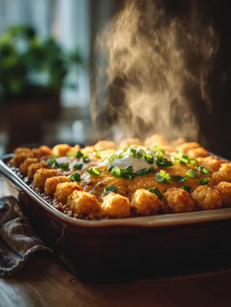Steaming chili tater tot casserole topped with melted cheese, sour cream, and fresh green onions.