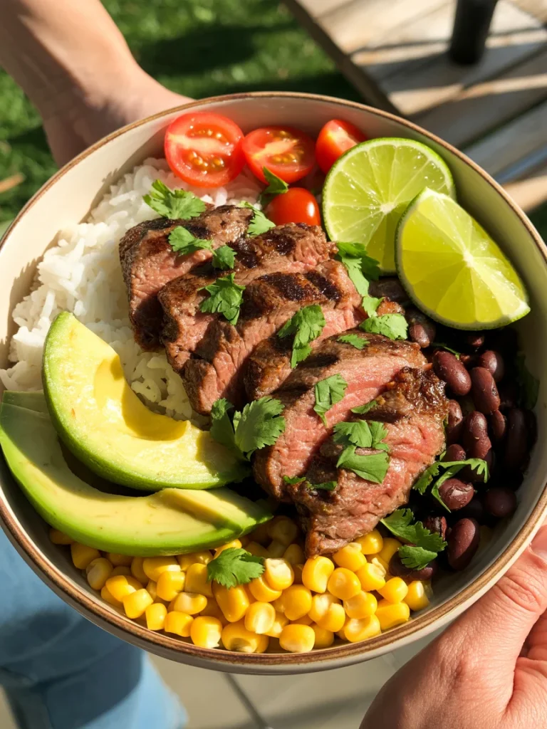 Grilled cilantro lime steak bowl with rice, avocado, corn, black beans, cherry tomatoes, and lime wedges.