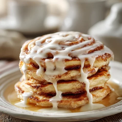 Stack of homemade cinnamon roll pancakes topped with creamy icing and maple syrup.