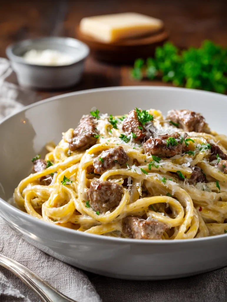 Creamy garlic butter pasta with tender beef pieces, topped with fresh parsley and grated Parmesan cheese in a white bowl.